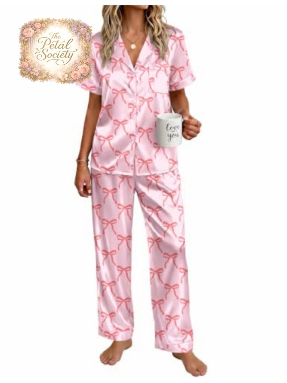 Satin Pajama Set Silky Short Sleeve Button Down Pj Set